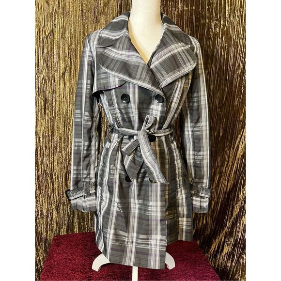 Women’s Plaid Gray/Purple Button Rain Coat MEDIUM - Picture 2 of 10